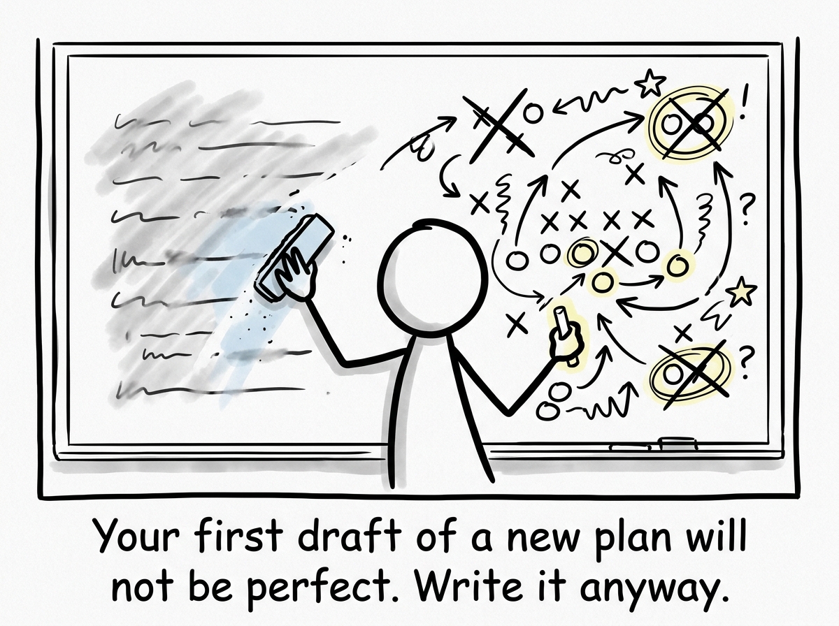 The stick figure erasing the old playbook and sketching a few new plays of their own -- some messy, some crossed out, some circled with excitement