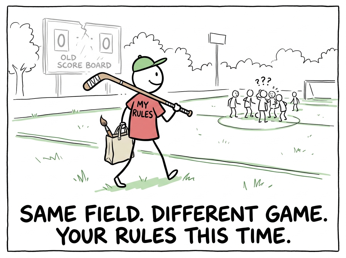 The stick figure walking back onto the field but playing differently -- trying a new position, moving at their own pace, ignoring the old scoreboard