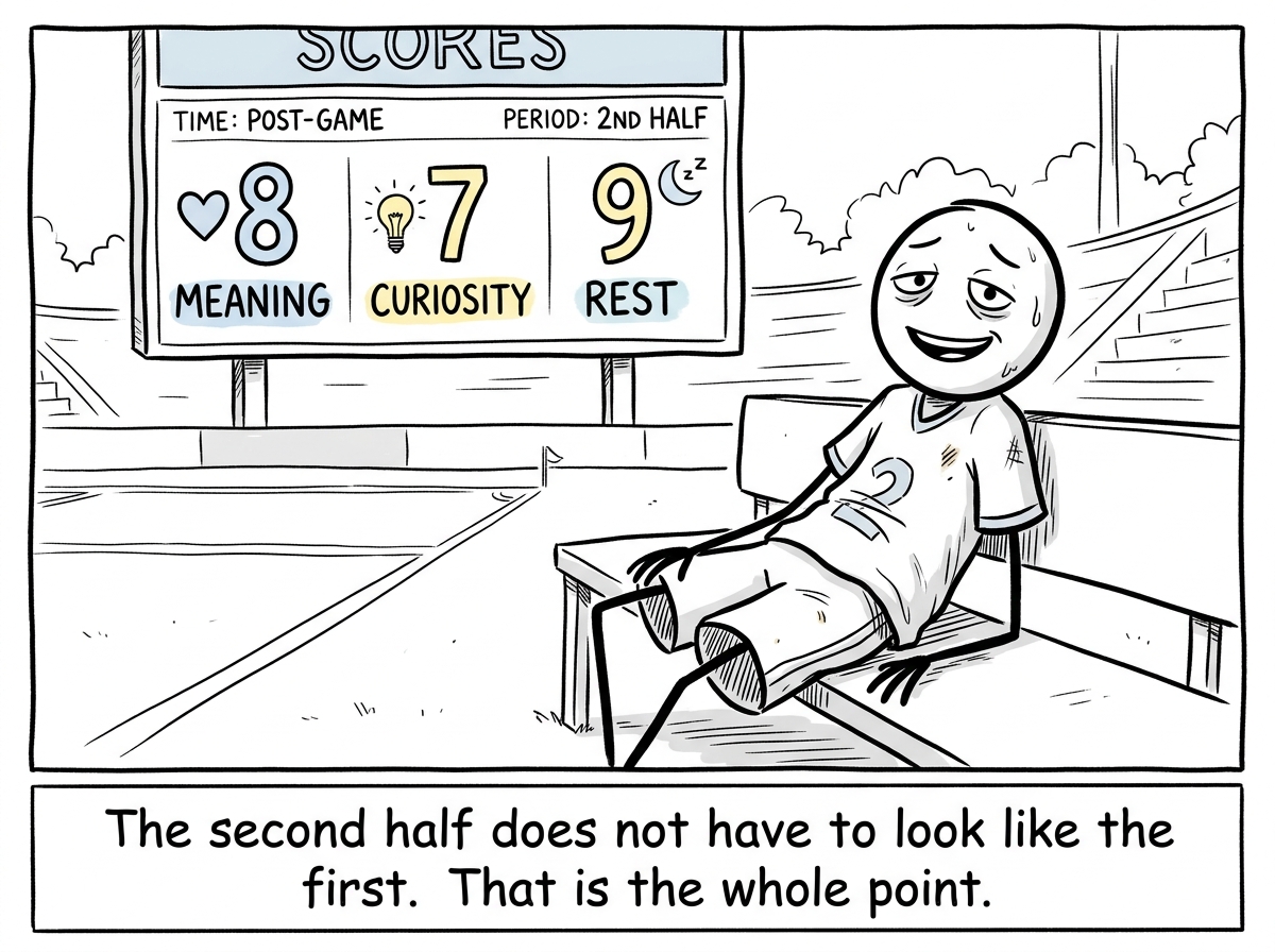 The stick figure after the game, tired but genuinely smiling, the scoreboard now showing metrics they chose themselves: meaning, curiosity, rest