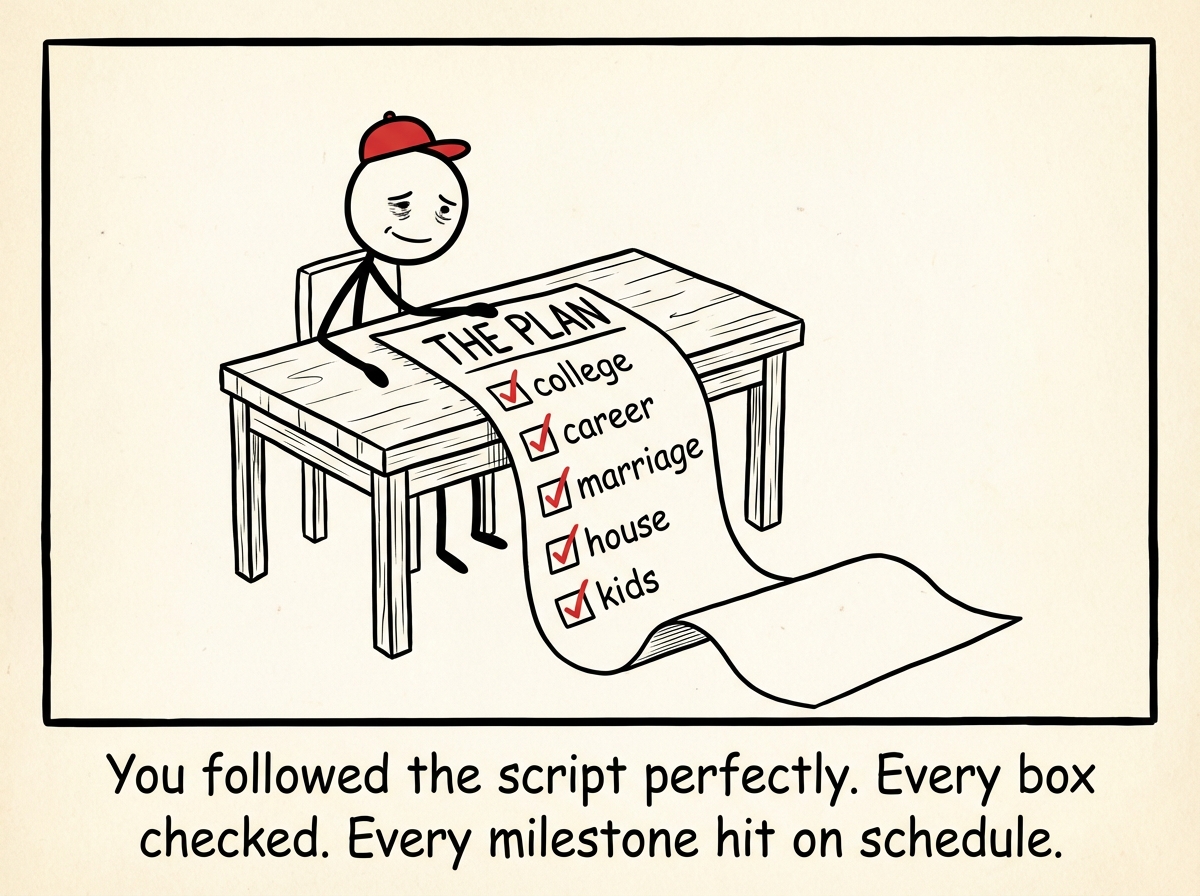 A stick figure sitting at a desk, following a long unrolled script labeled 'THE PLAN' with checkboxes for 'college,' 'career,' 'marriage,' 'house,' 'kids' -- all checked off -- looking accomplished but tired