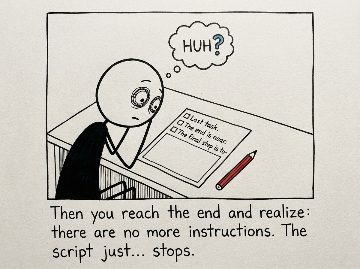 The stick figure reaching the end of the script, which just stops abruptly mid-sentence, staring at the blank space after the last checkbox with a confused expression