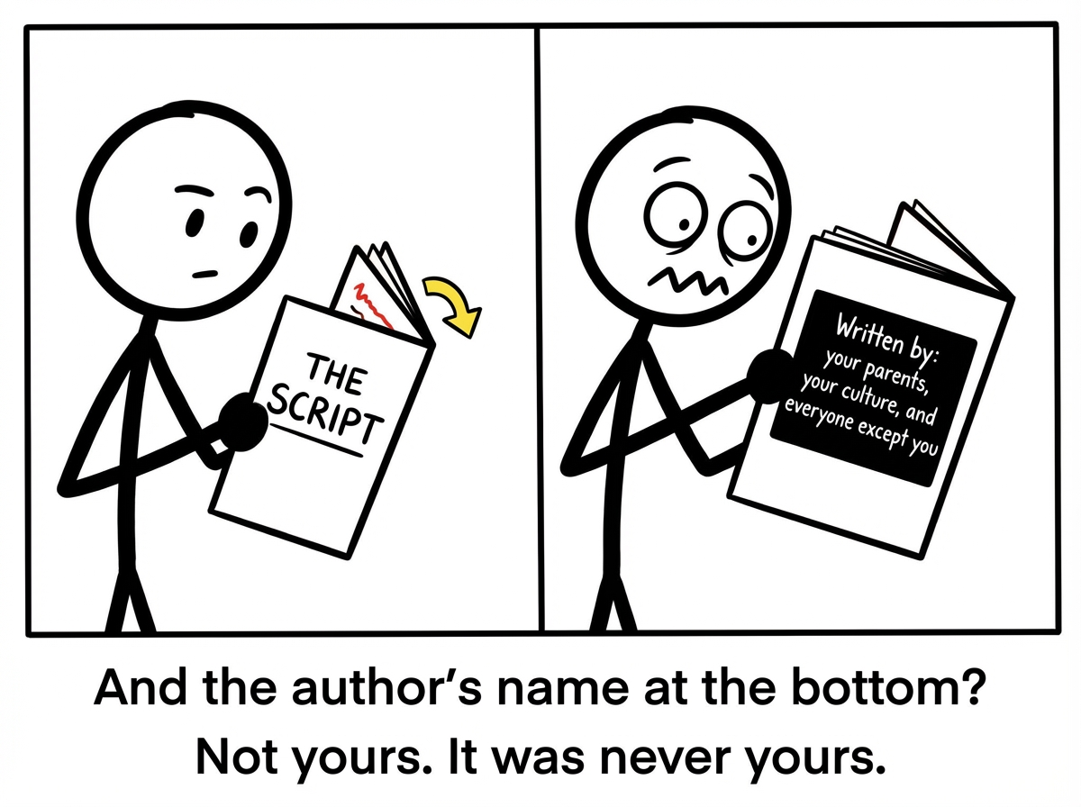 The stick figure flipping the script over to look at the back, finding a byline that reads 'Written by: your parents, your culture, and everyone except you' -- their expression shifting to shock