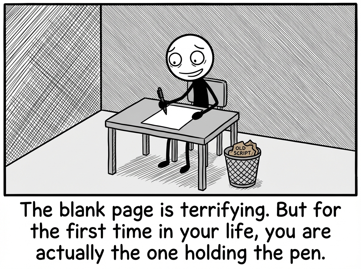 The stick figure sitting at the desk with a completely blank page, holding a pen with a mix of terror and possibility on their face, the old script crumpled in the trash