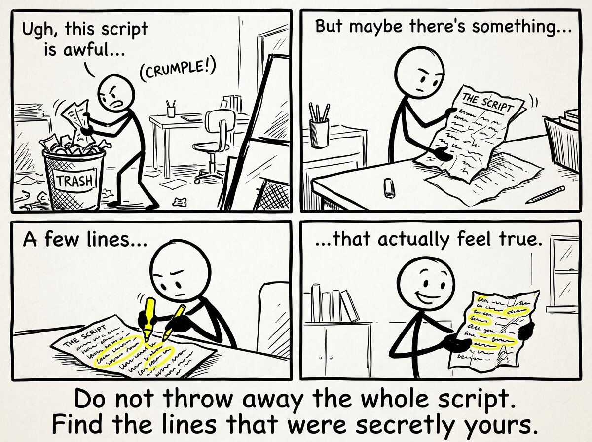A stick figure pulling the old script out of the trash, smoothing it out, and circling the few lines that actually feel true with a highlighter