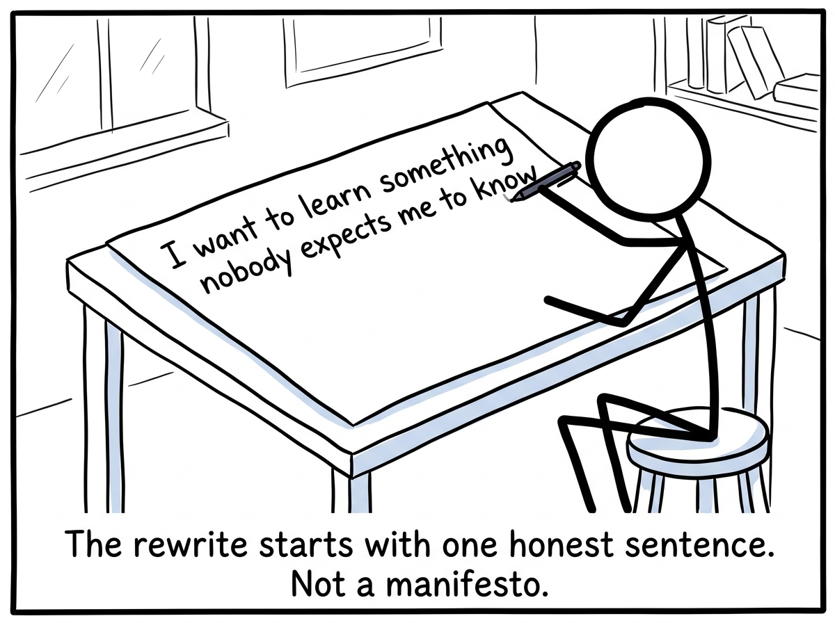 The stick figure writing one new sentence on the blank page -- just one -- something small and honest like 'I want to learn something nobody expects me to know'