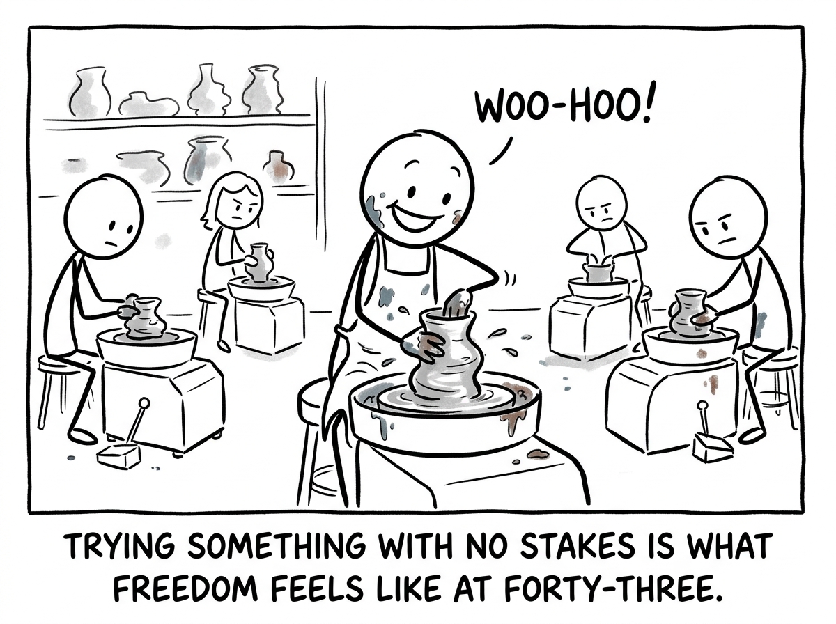 The stick figure taking a pottery class, looking clumsy and delighted, surrounded by people who do not know their old script at all