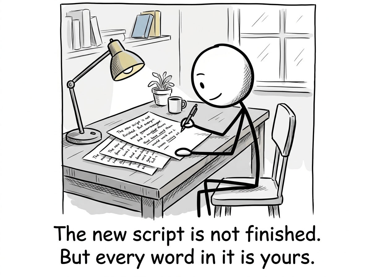 The stick figure back at the desk, the page now half-filled with their own handwriting, some lines crossed out, some underlined, a quiet look of ownership