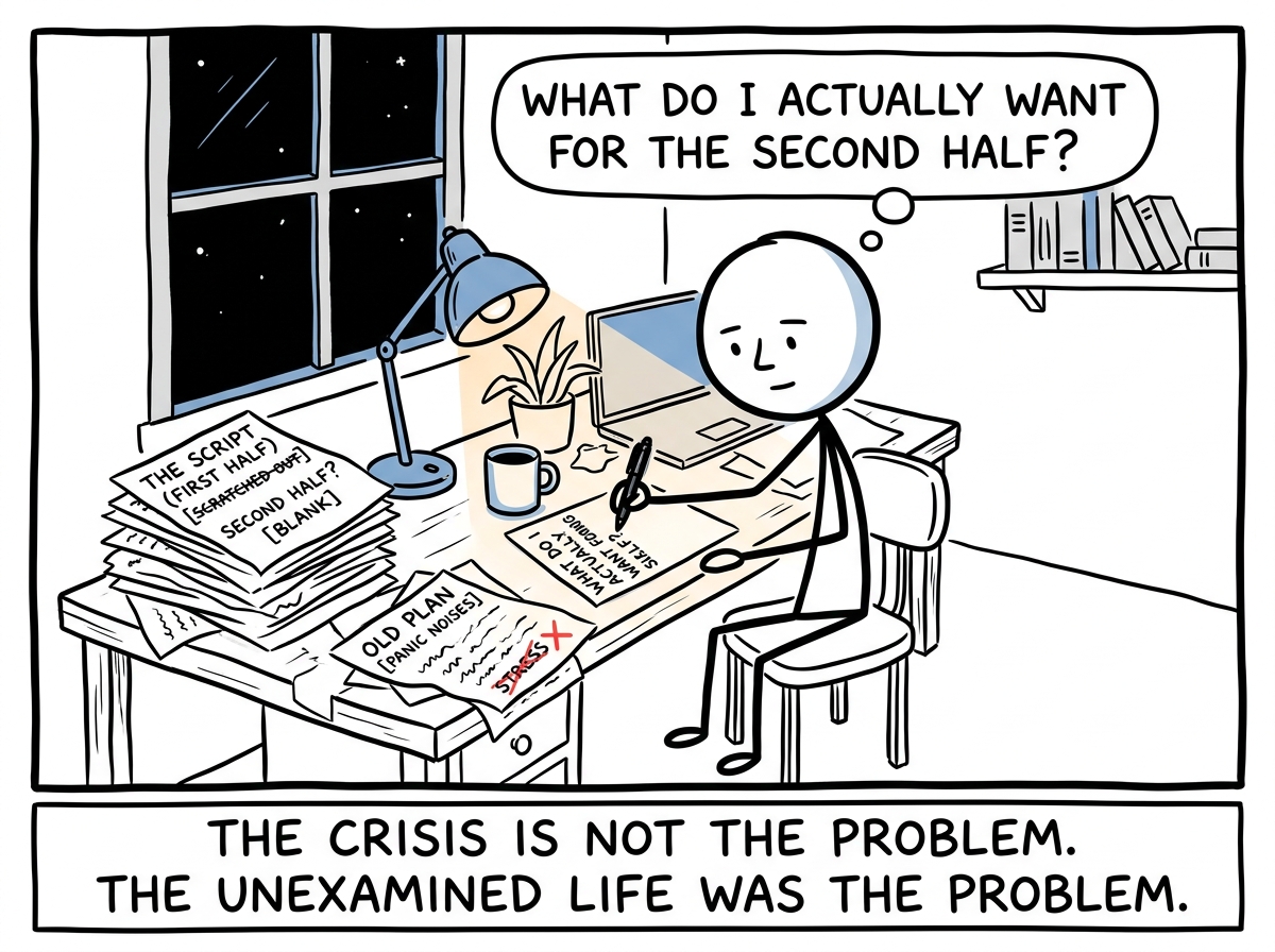 A stick figure at a desk, looking at the old script, and instead of panicking, writing 'What do I actually want for the second half?'