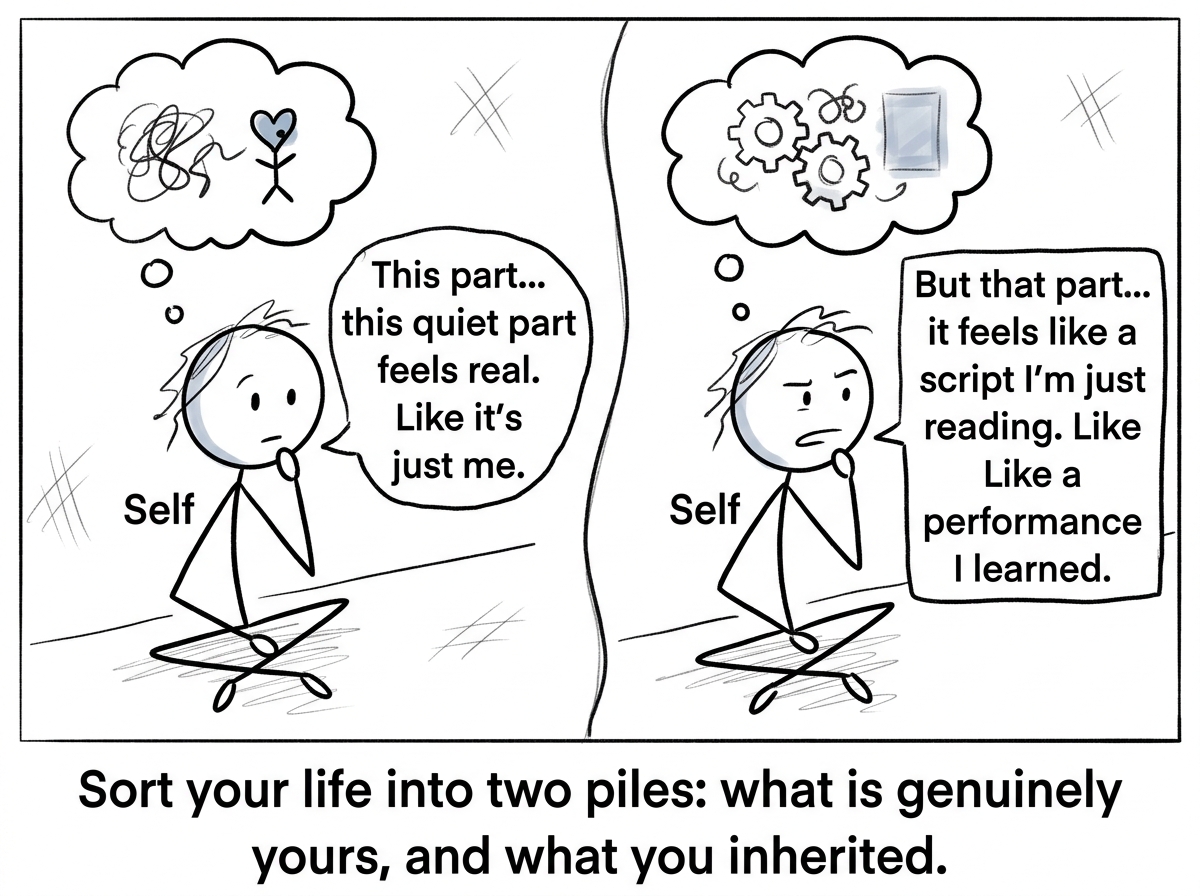The stick figure having honest conversations with themselves about what parts of their life feel real and what parts feel performed