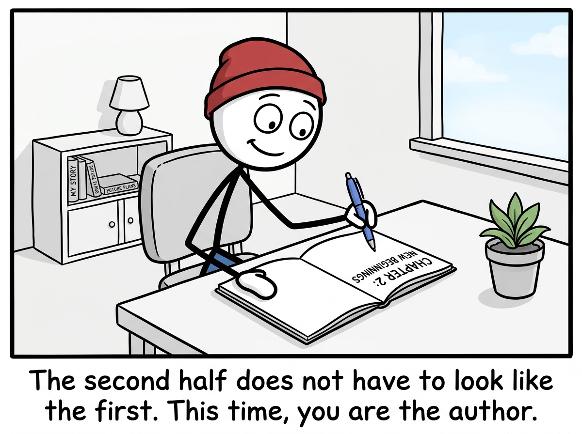 The stick figure holding a pen over a blank page, looking less terrified and more curious, ready to write the next chapter