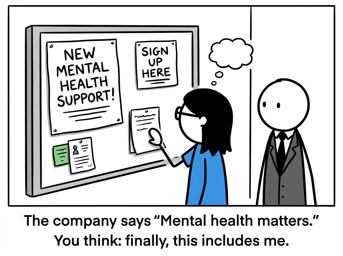 A workplace announcing a new mental health support program with posters and sign-up sheets, and a person from a model minority background looking hopeful and reaching for a form