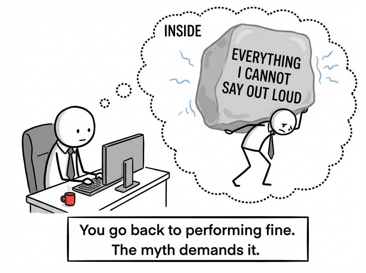 The person back at their desk, composed and productive on the outside, while inside they are shown carrying an enormous invisible weight labeled 'everything I cannot say out loud'