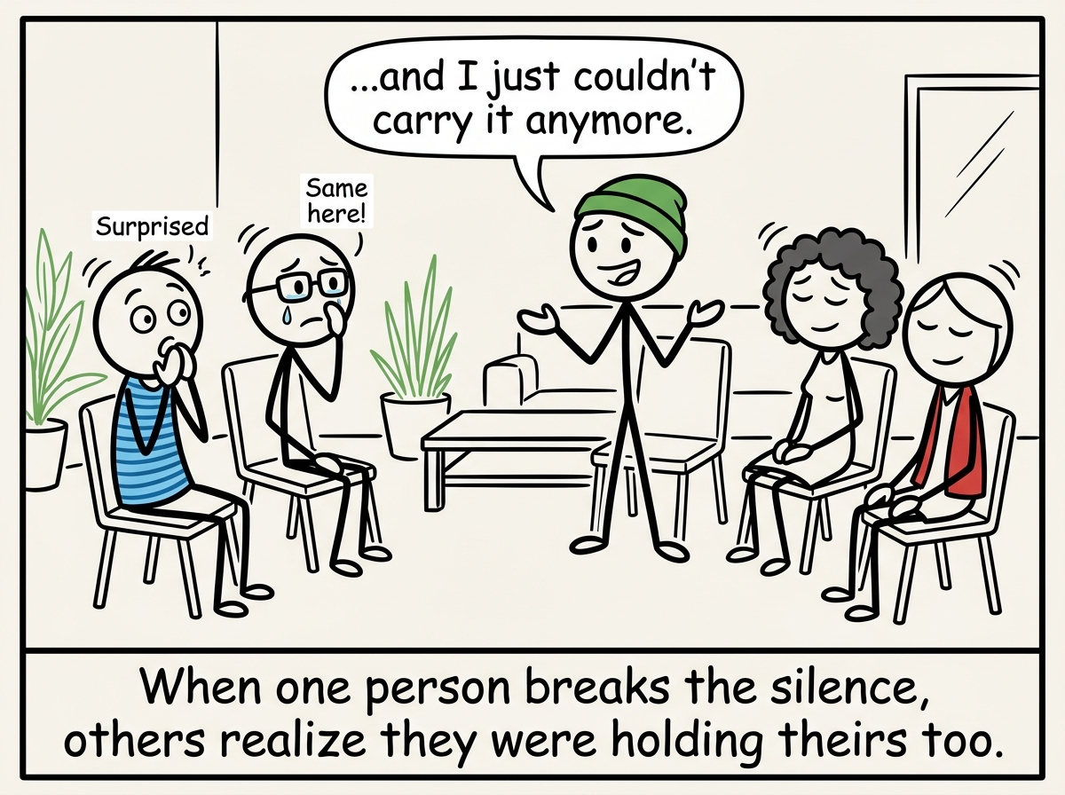 The person sitting in a support group, speaking about their experience, while others in the room nod -- some from the same background, surprised to not be alone