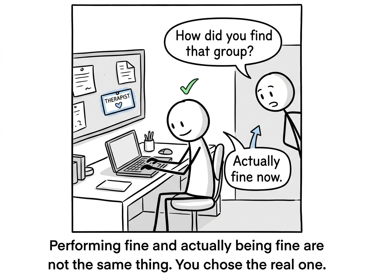 The person at their desk, still productive, but with a therapist's card pinned to their board and a coworker asking 'How did you find that group?' -- the silence tax lifting