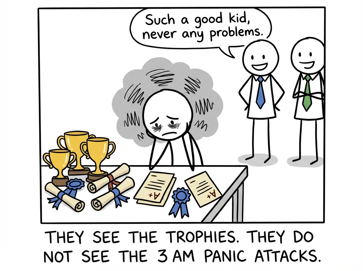 A student surrounded by trophies, straight-A report cards, and extracurricular ribbons, looking exhausted while adults beam and say 'Such a good kid, never any problems'