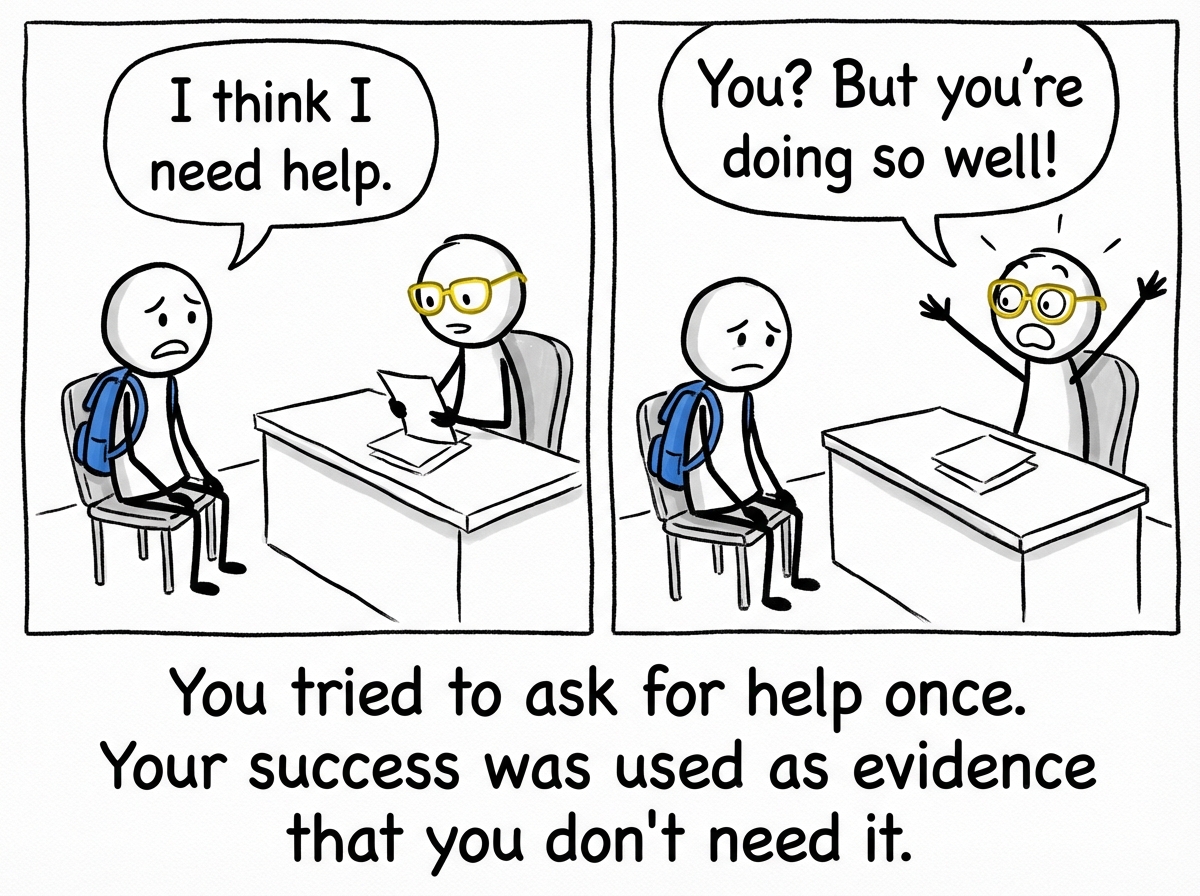 The student trying to tell a school counselor 'I think I need help' and the counselor responding with surprise: 'You? But you're doing so well!'