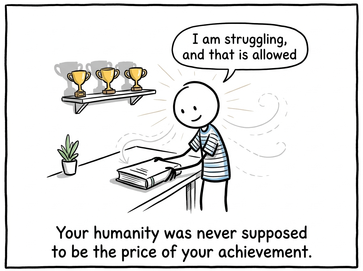 The student closing a textbook and saying 'I am struggling, and that is allowed' while the trophies remain but the pressure visibly lifts