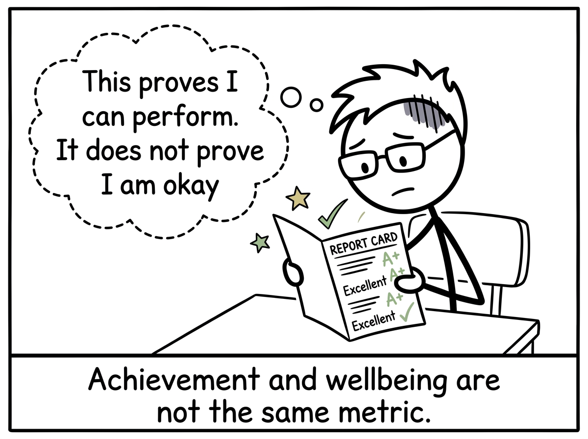 A student looking at their perfect report card and thinking 'This proves I can perform. It does not prove I am okay'