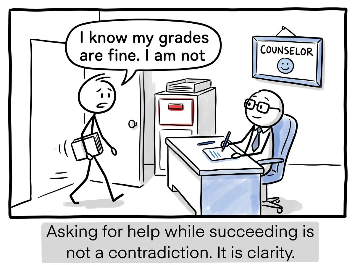 The student walking into a counselor's office and saying 'I know my grades are fine. I am not' -- the counselor listening without surprise this time