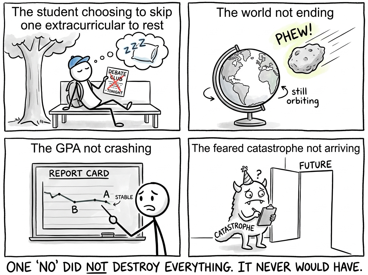The student choosing to skip one extracurricular to rest, the world not ending, the GPA not crashing, the feared catastrophe not arriving