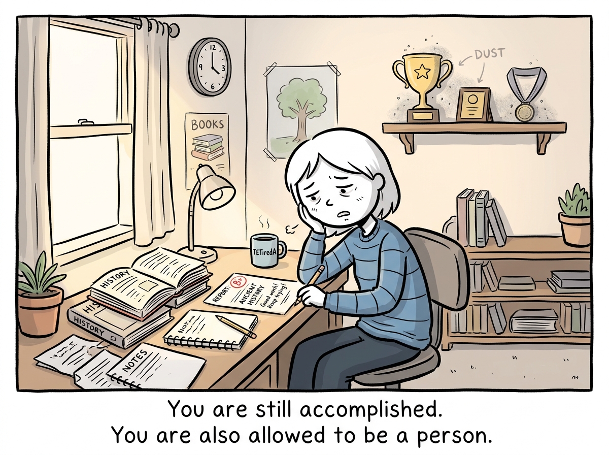The student studying at a normal hour, a B-plus on a paper on the desk, looking tired but not panicked -- the trophies on the shelf gathering a little dust