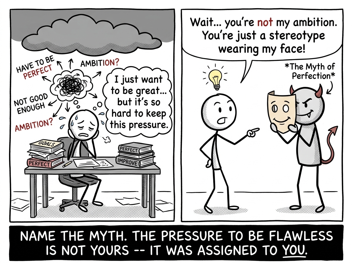 A stick figure recognizing that the pressure to be perfect is not personal ambition -- it is a stereotype wearing their face