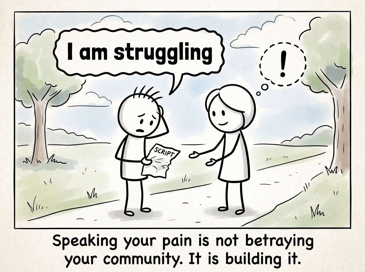 The stick figure saying 'I am struggling' out loud to a trusted person, breaking the script that says their community does not have problems