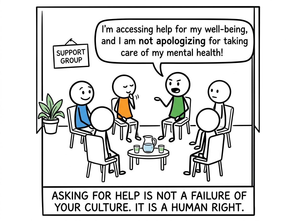 The stick figure accessing mental health support without apology, sitting in a therapist's office or support group