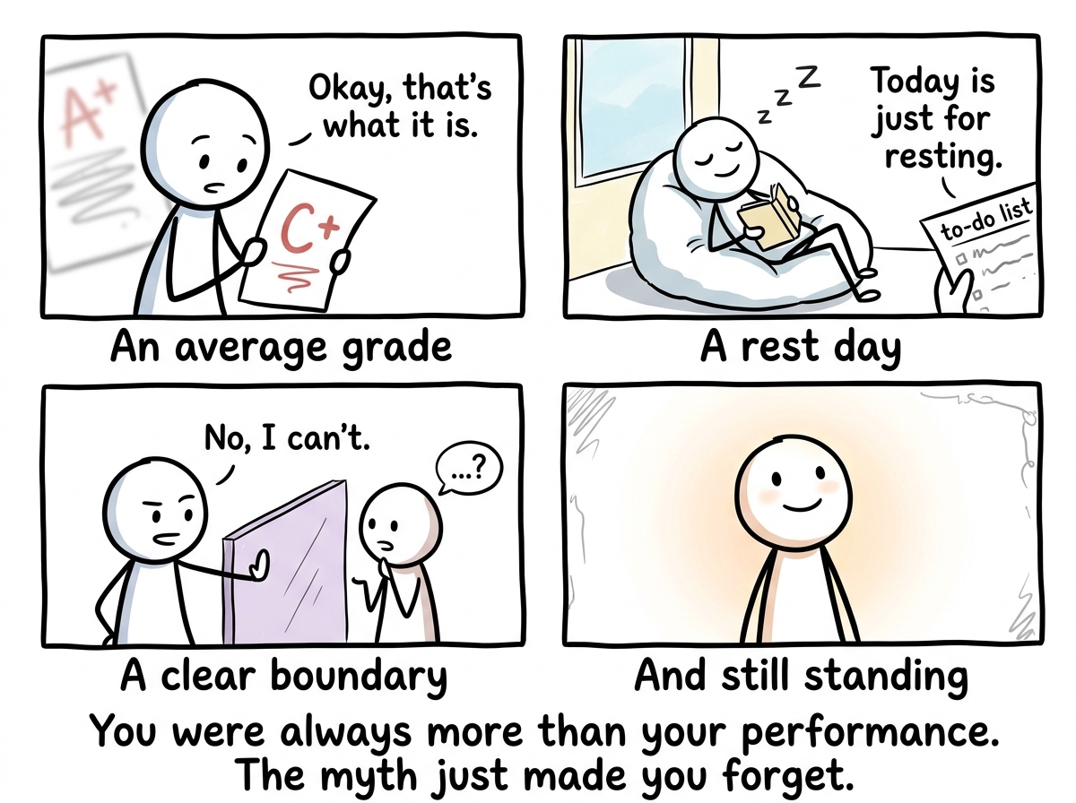 The stick figure living with visible imperfection -- an average grade, a rest day, a clear boundary -- and still standing