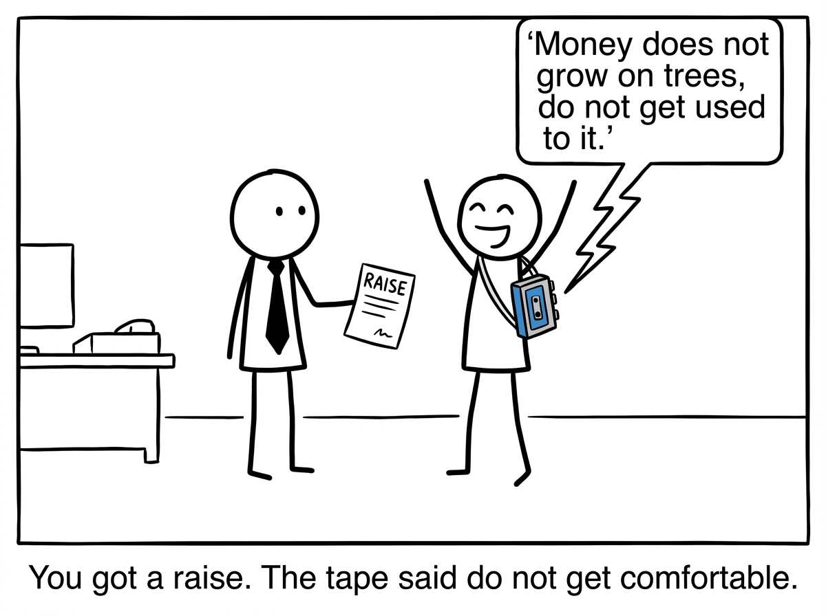 A stick figure at their desk opening a letter that reads 'Congratulations on your raise!' The figure starts to smile, but an old cassette player strapped to their chest blares a speech bubble: 'Money doesn't grow on trees. Don't get used to it.' The figure's smile falters and is replaced by guilt. A faint outline of a parent figure hovers behind the cassette player.