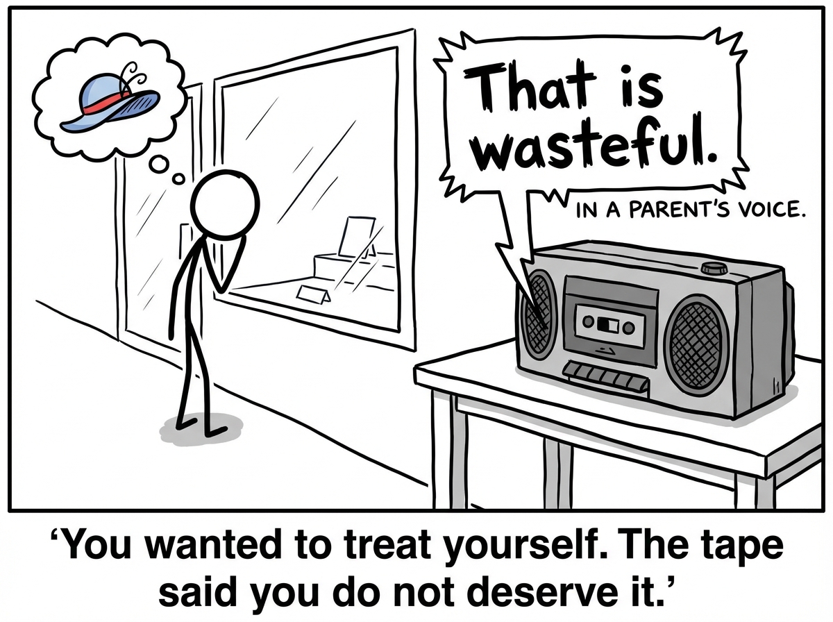 The stick figure standing in a store, reaching for something nice -- a jacket on a rack. The cassette player on their chest immediately plays a new message: 'That's wasteful. People like us don't spend money on things like that.' The figure pulls their hand back as if the jacket burned them. Other shoppers browse freely in the background.