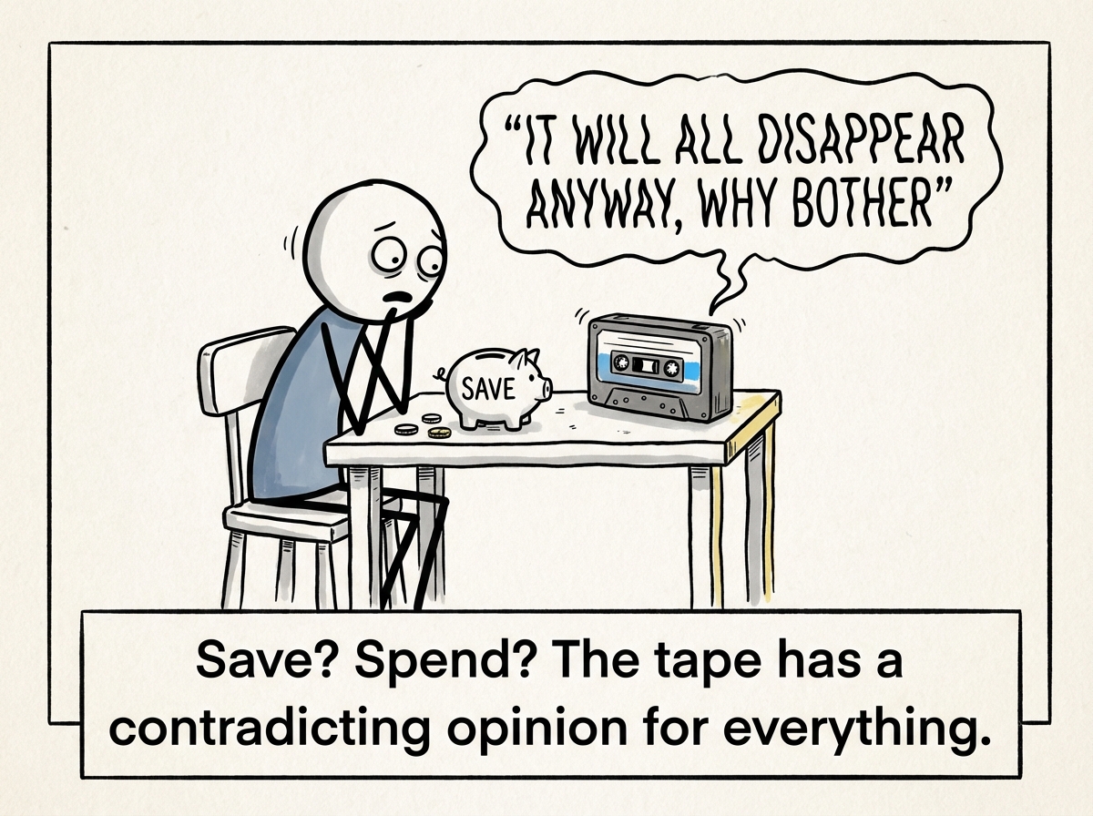 The stick figure sitting at a kitchen table, carefully putting money into a savings jar. The cassette player plays yet another contradicting message: 'It'll all disappear anyway. Saving is pointless.' The figure freezes, caught between the act of saving and the voice telling them it is futile. Their expression is exhausted and confused, caught in a no-win loop.