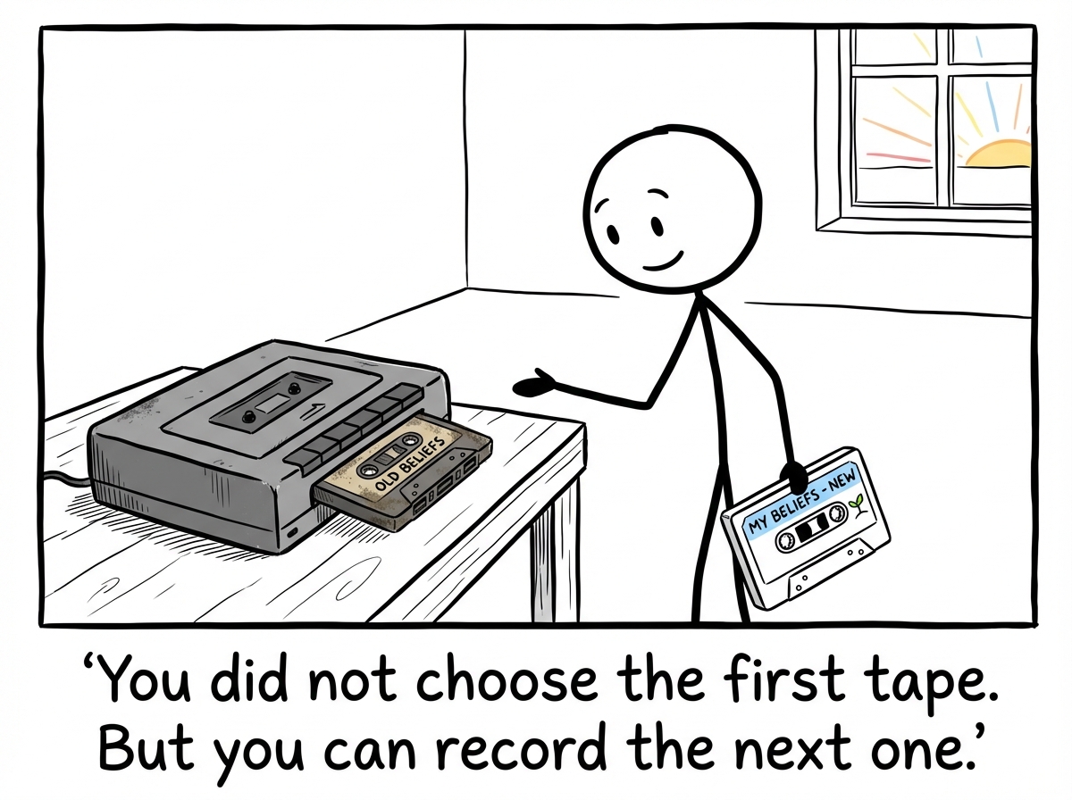 The stick figure pressing the eject button on the cassette player. The old tape pops out, labeled 'Mom and Dad's Money Beliefs.' The figure holds a blank tape in the other hand and a pen, about to write a new label. Their expression is determined and a little scared but free. The parent outline from panel 1 has faded completely.