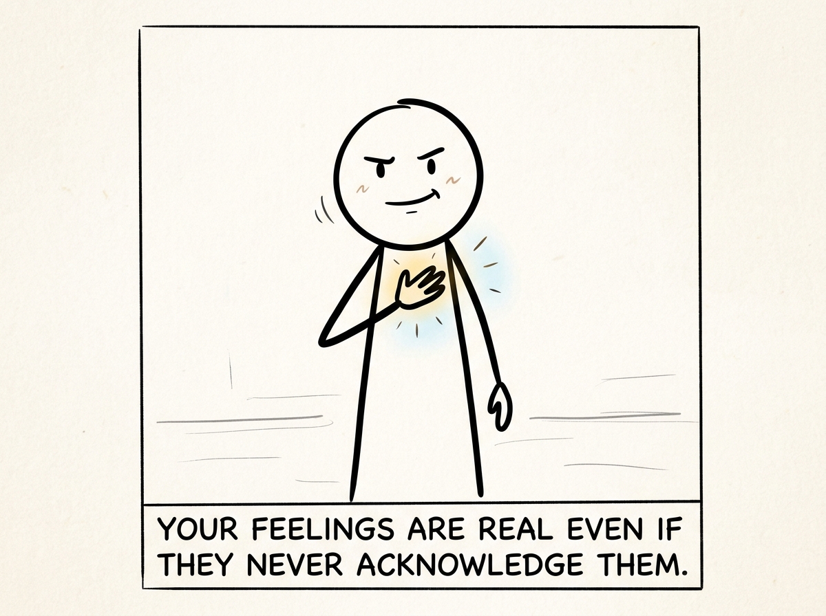 The stick figure placing a hand on their own chest, reclaiming their own story instead of being absorbed into someone else's narrative