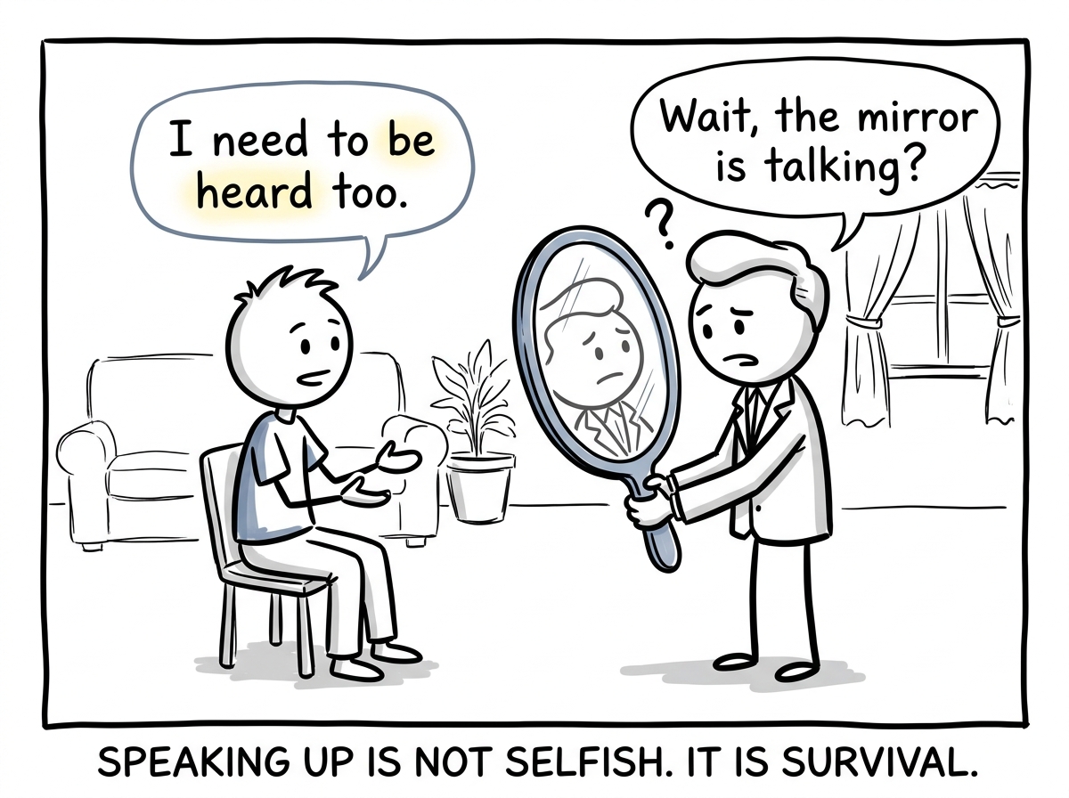 The stick figure setting a calm boundary: 'I need to be heard too' while the narcissist looks confused that the mirror is talking back