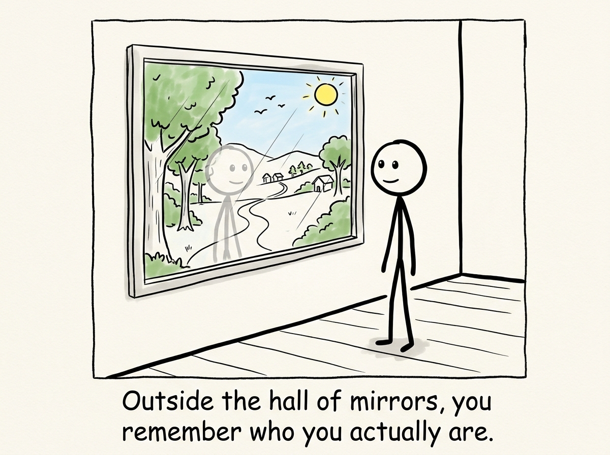 The stick figure standing in front of a clear window instead of a mirror, seeing the real world and their own reflection honestly