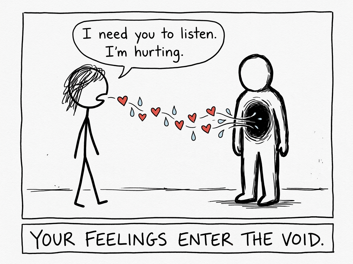The first figure's words float toward the second figure as small heart shapes and teardrops, but they fall into a dark void in the second figure's chest — a black hole where empathy should be