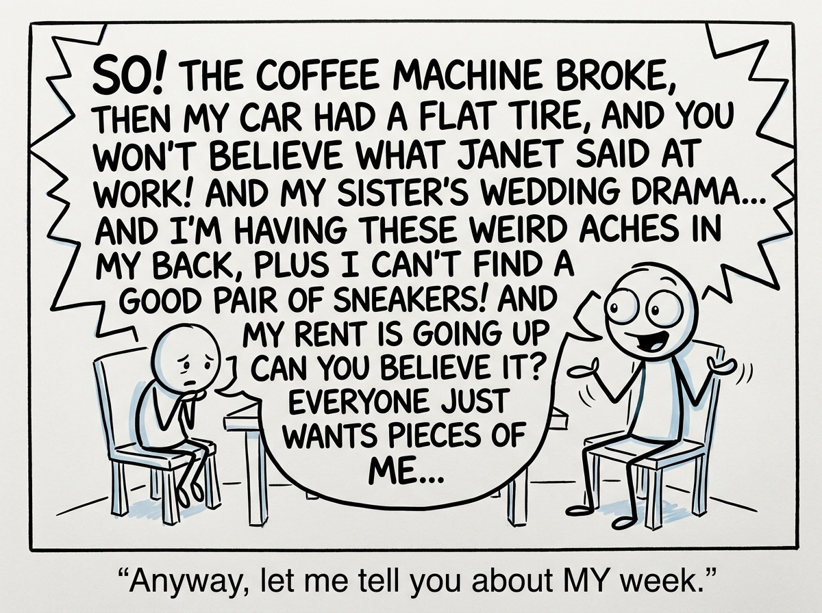 The second figure suddenly perks up and starts talking animatedly about themselves, their own problems now filling the entire panel with large speech bubbles. The first figure shrinks smaller in their chair