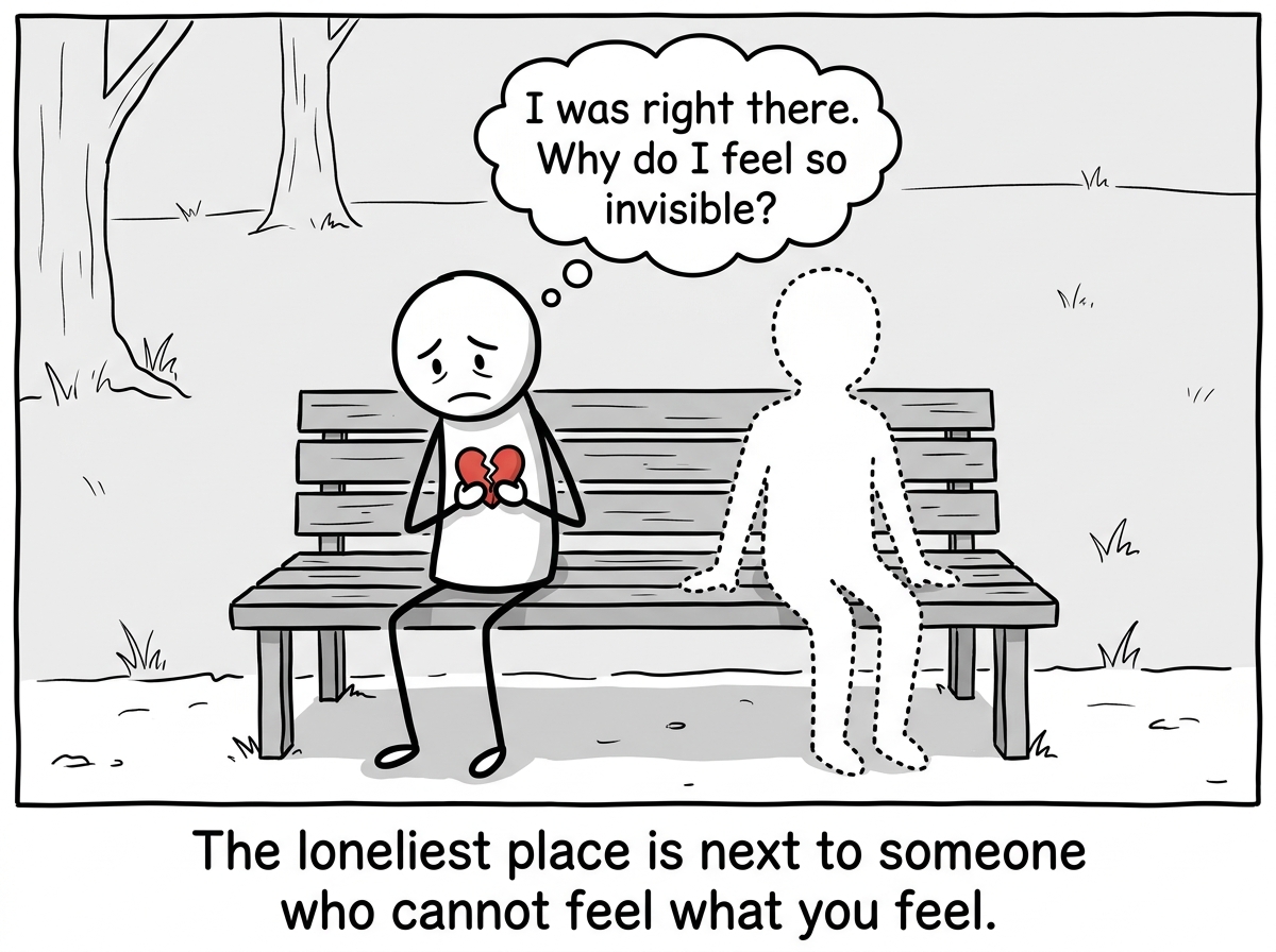 The first figure sitting alone on a bench, still holding their cracked heart, with a thought bubble reading 'I was right there. Why do I feel so invisible?' The empty chair beside them has an outline of where the other person sat