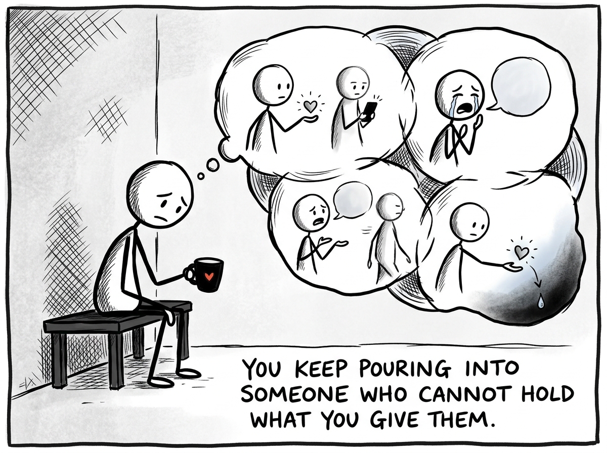 A stick figure recognizing the emptiness after sharing — a thought bubble shows all the times they opened up and got nothing back