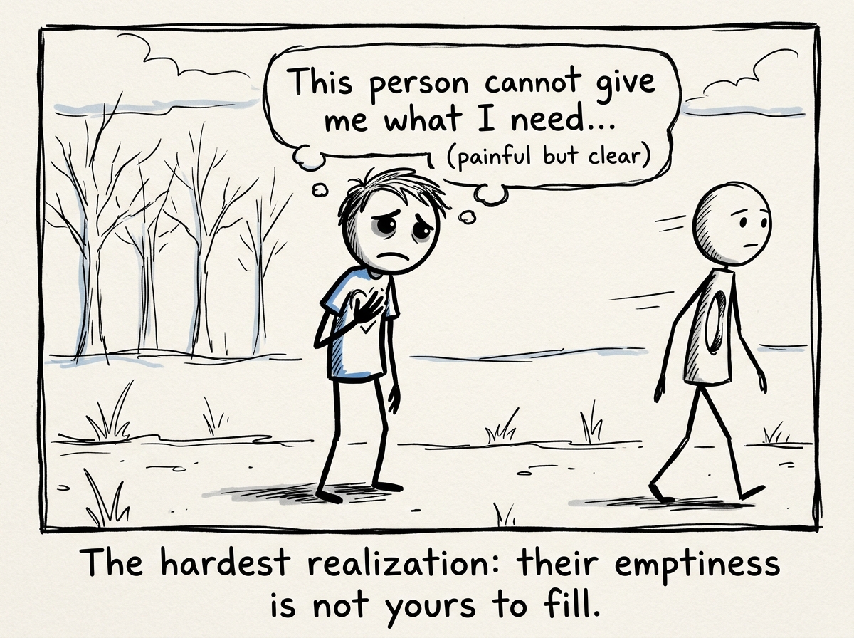 The stick figure accepting the truth: 'This person cannot give me what I need' — painful but clear, hand on their own heart
