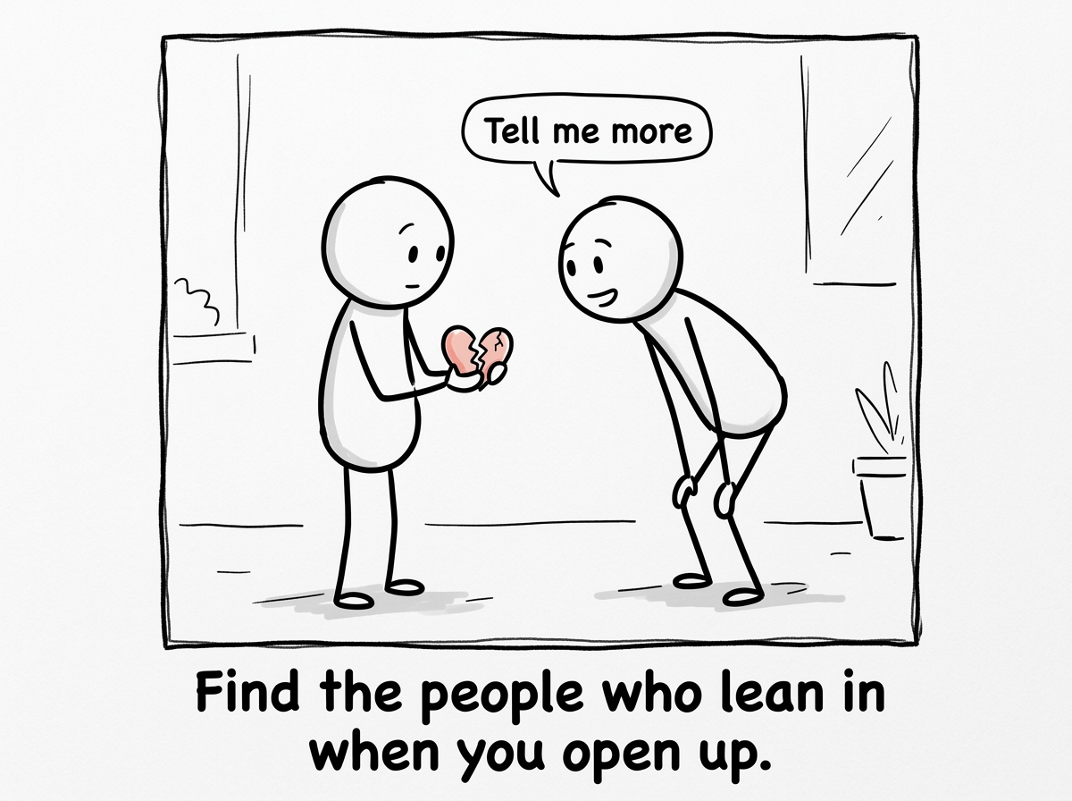 The stick figure turning to share with someone who leans in, makes eye contact, and says 'Tell me more' — the cracked heart being held gently