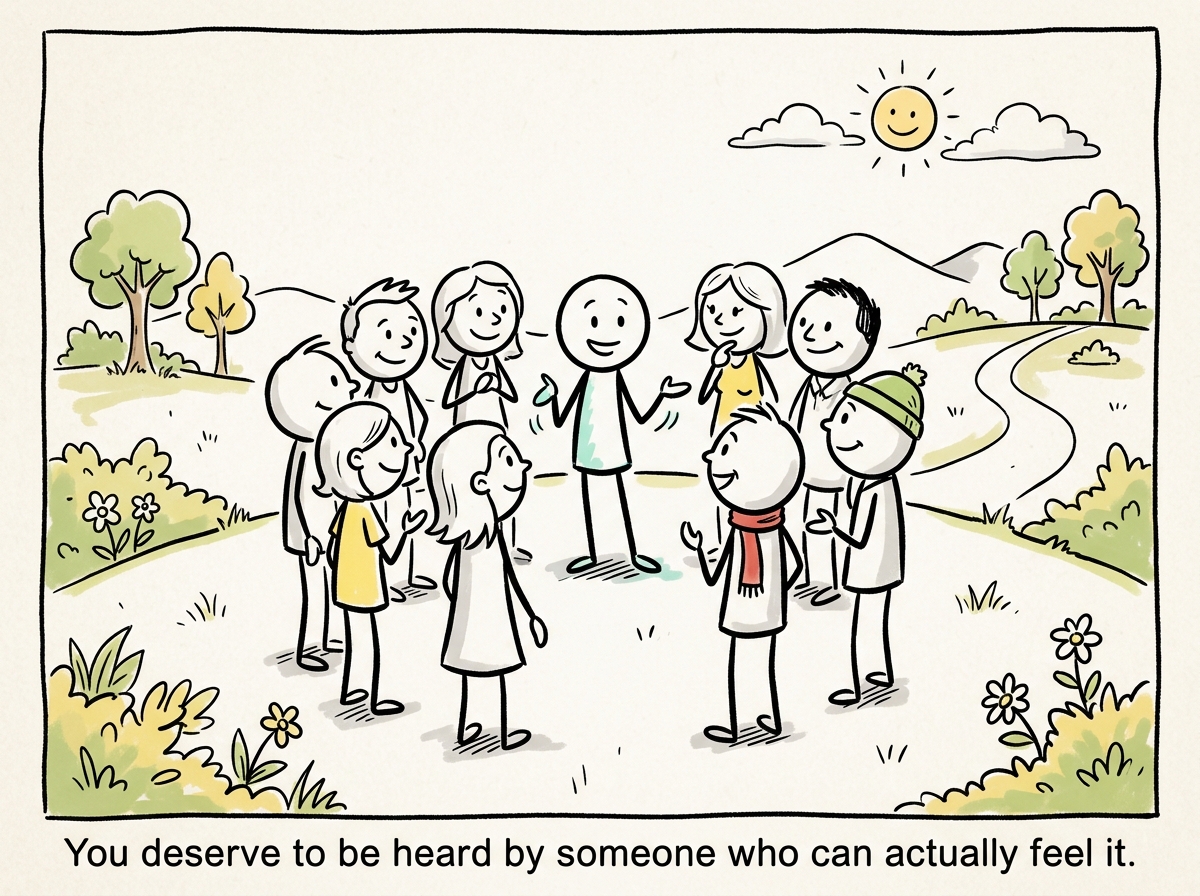 The stick figure surrounded by a small circle of people who actually listen, the void no longer part of their daily landscape