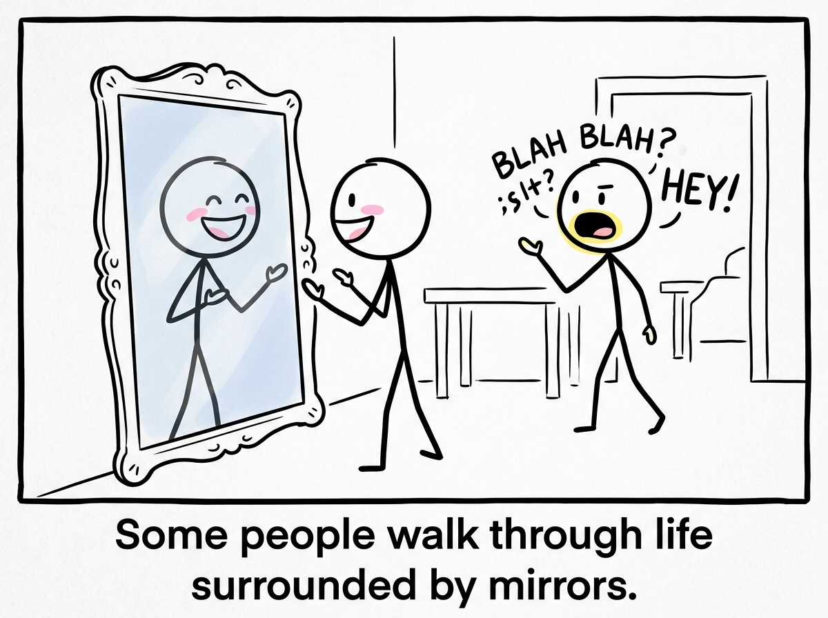 A stick figure standing in front of a large mirror, admiring their reflection with a huge smile. Behind them, another stick figure is trying to talk to them, mouth open, hand raised, but the first figure does not notice
