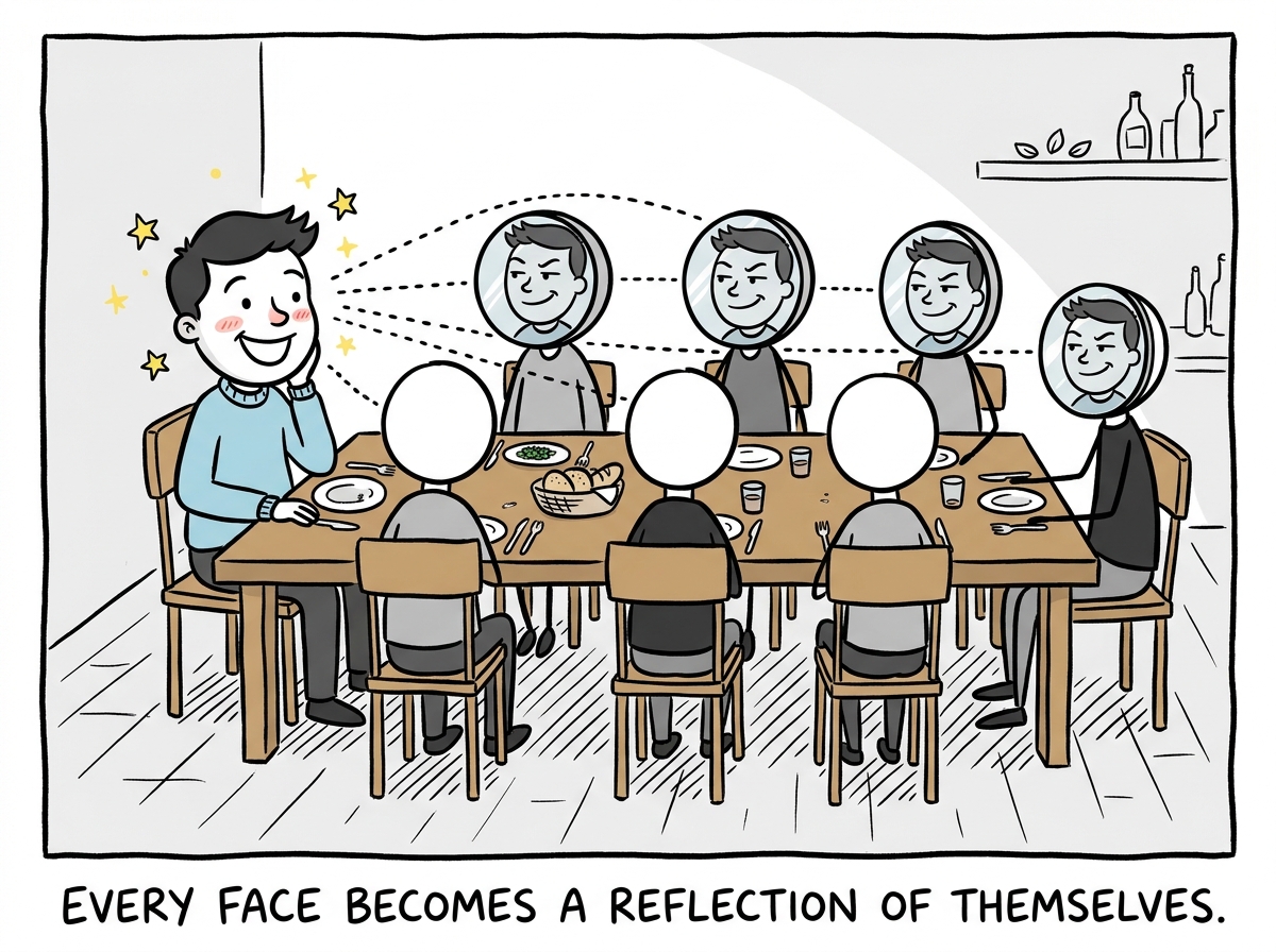 The same figure now at a dinner table with friends, but each friend's face has been replaced by a reflection of the narcissist. The narcissist looks delighted while the real people sit invisible underneath