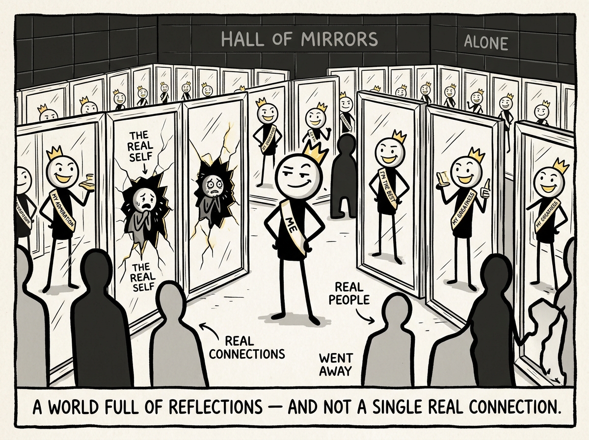 The narcissist alone in their hall of mirrors, surrounded by their own reflections but with empty spaces where real people used to stand. A small crack appears in one mirror revealing a frightened, tiny figure inside
