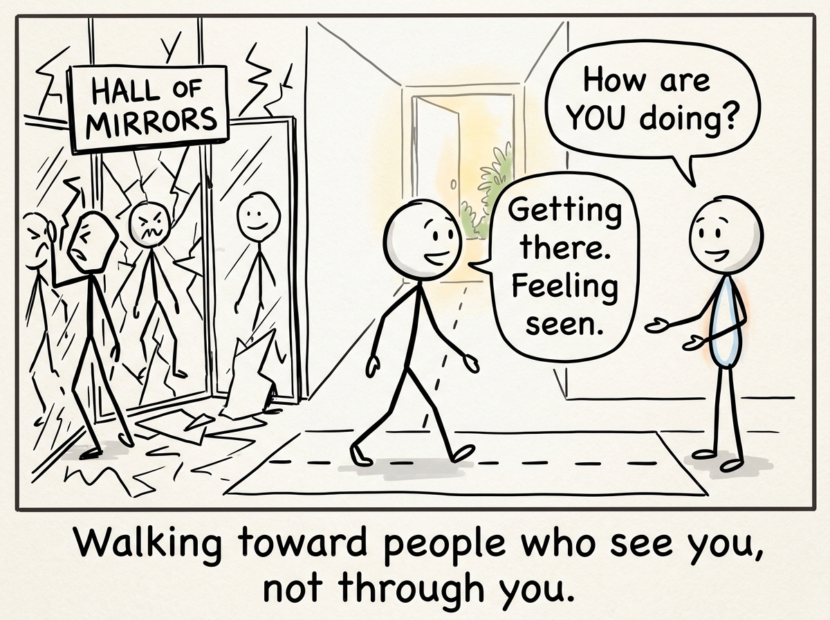 The stick figure stepping away from the hall of mirrors and speaking to someone who asks 'How are YOU doing?' with genuine interest