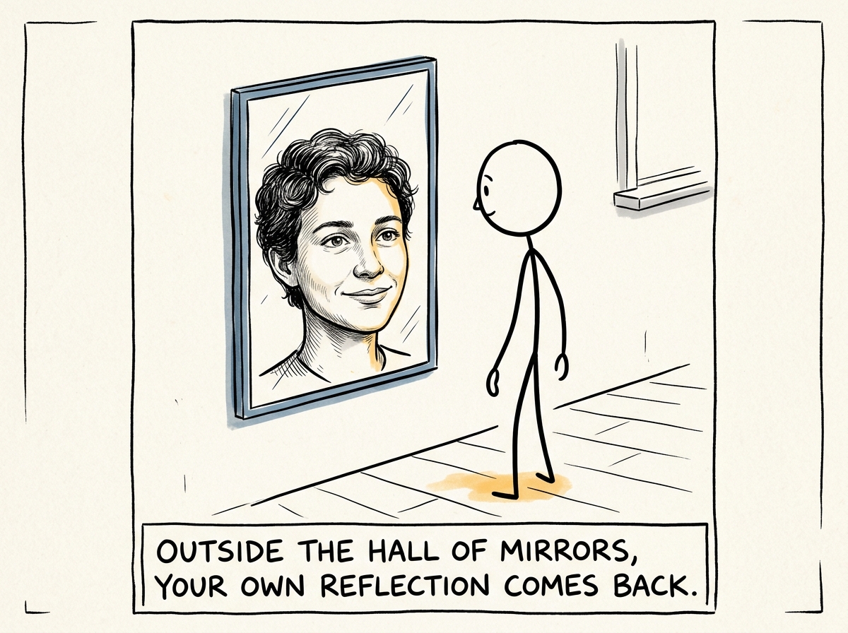 The stick figure looking in a normal mirror and seeing their own real face — not a reflection shaped by someone else's needs