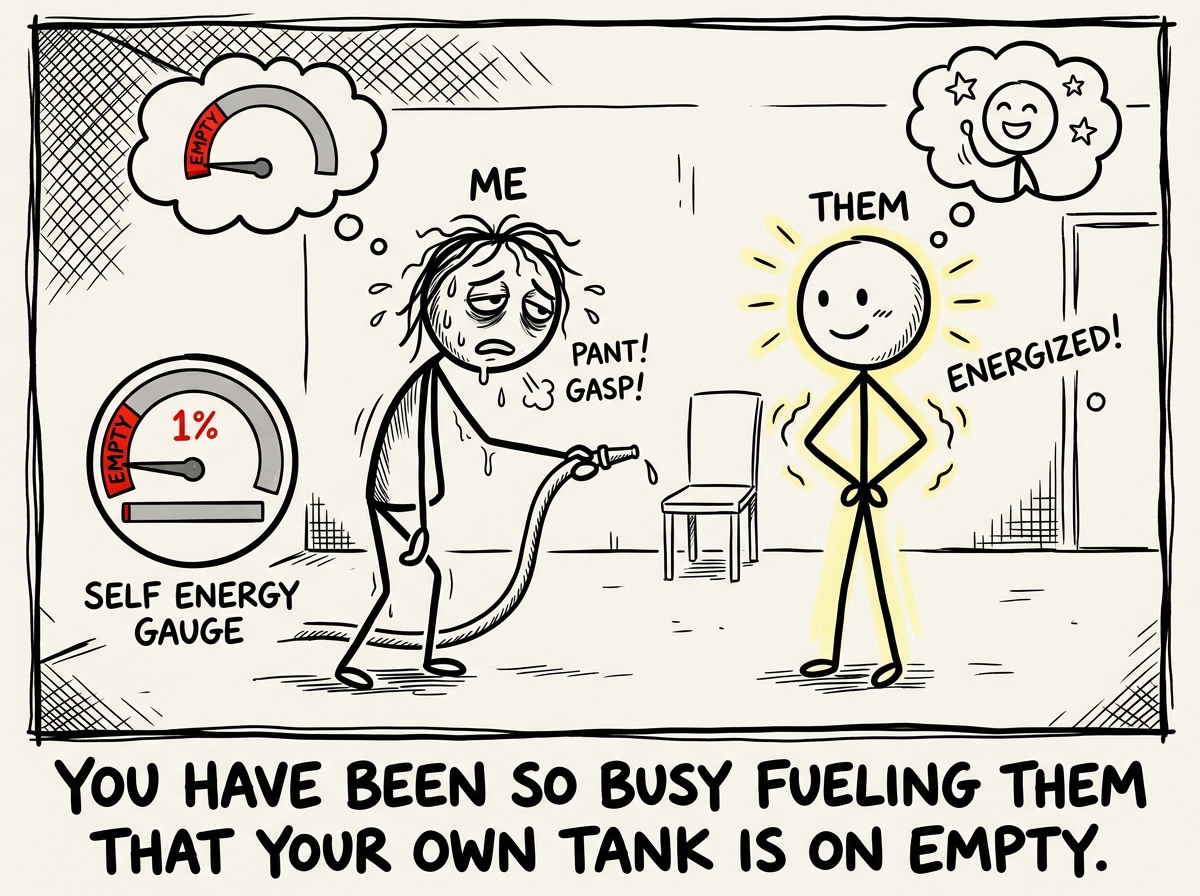 A stick figure exhausted from constantly feeding attention to someone else, noticing their own energy gauge is nearly empty