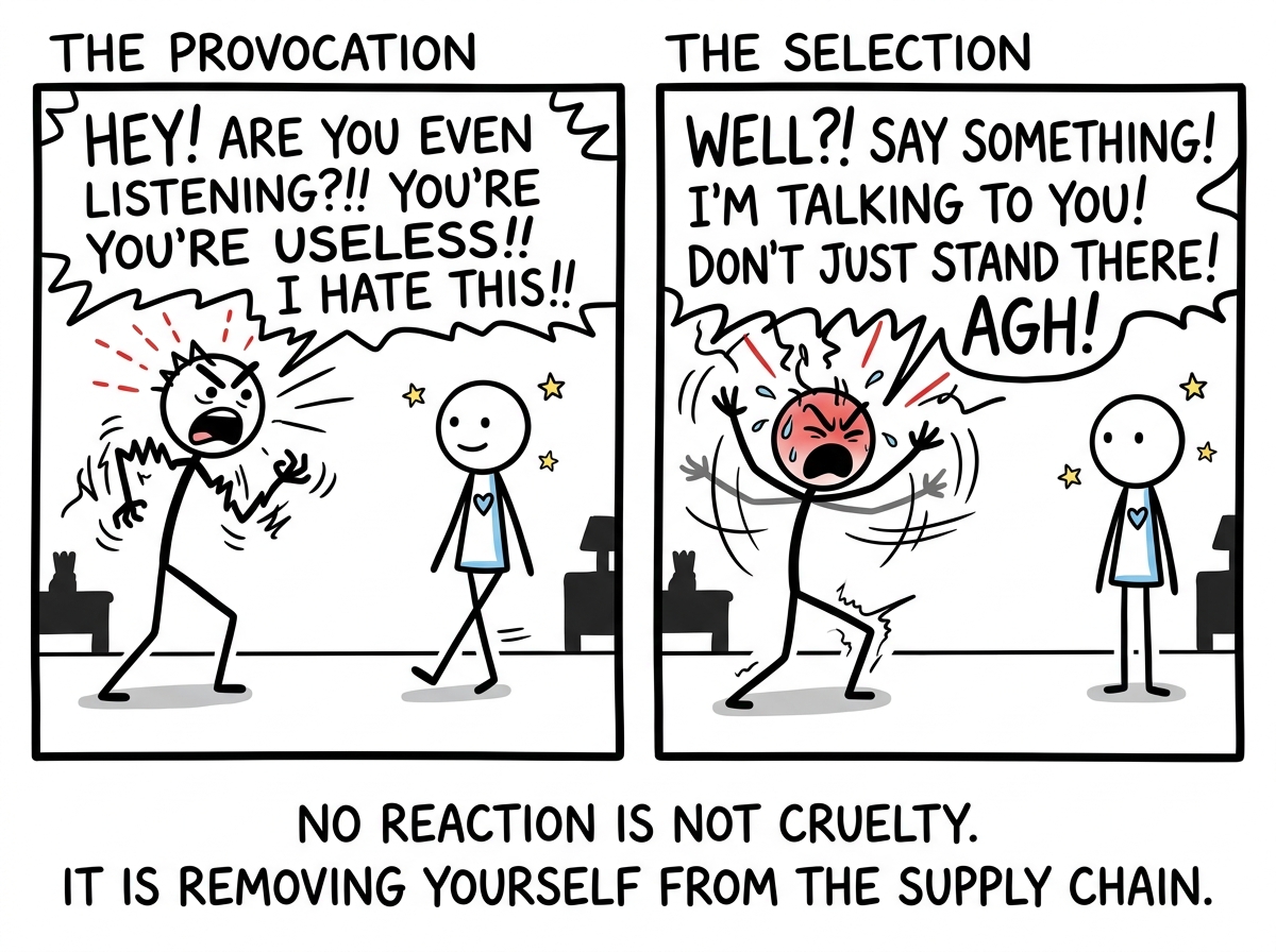 The stick figure stepping back, hands at their sides, choosing not to react to a provocation while the other person escalates